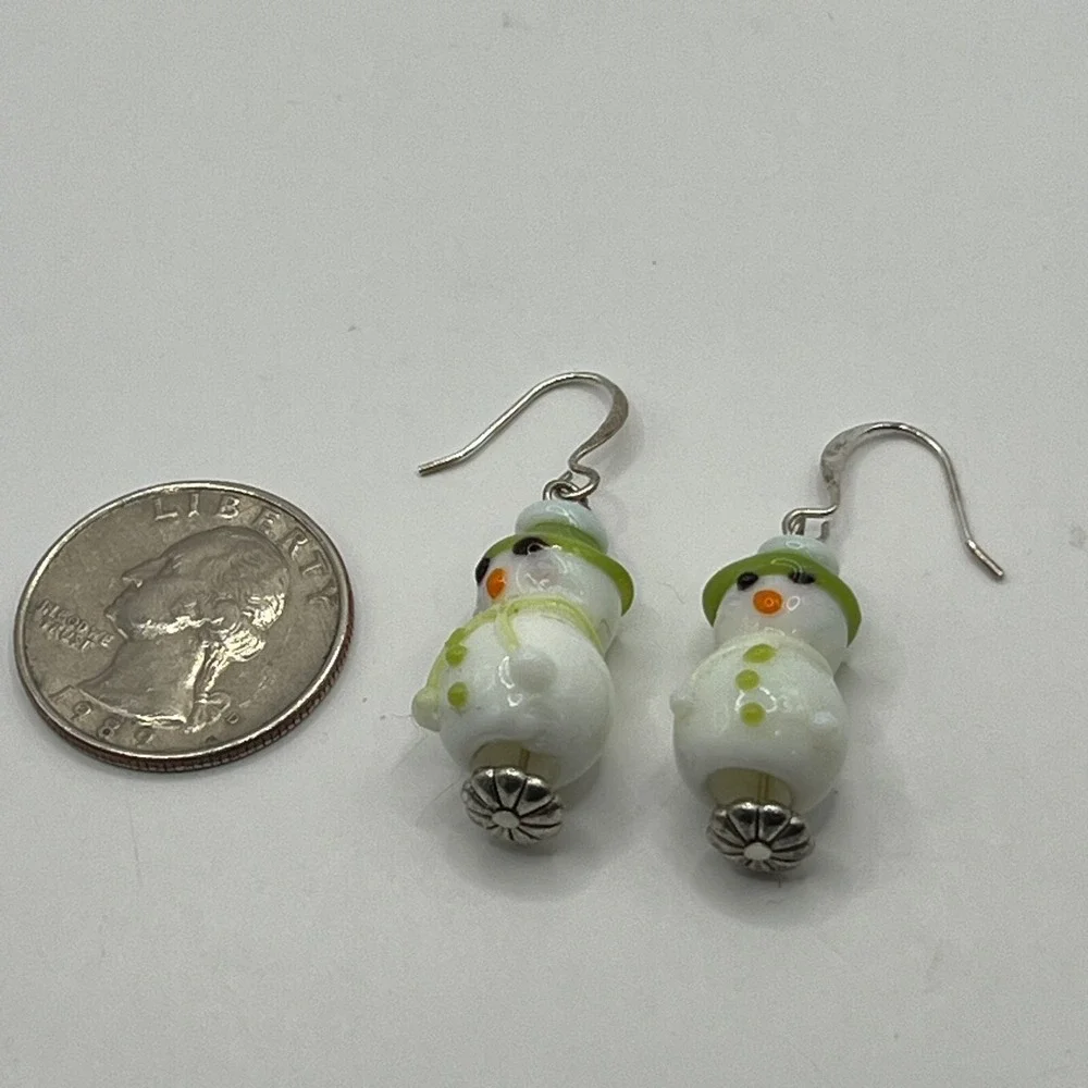 Vintage Snowman Pierced‎ Earrings White Glass and Silver Tone Winter Holiday